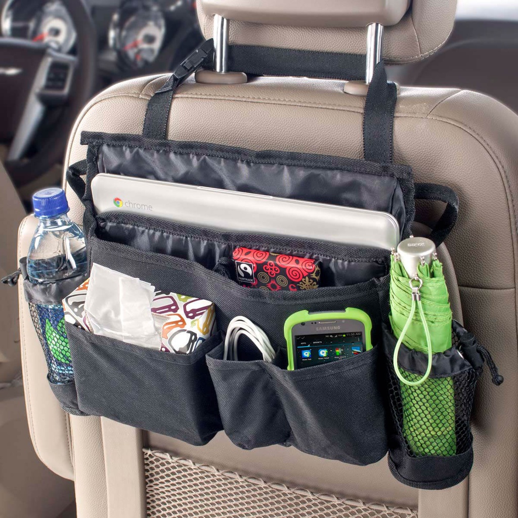 SwingAway Car Seat Organizer on back of seat with tissues