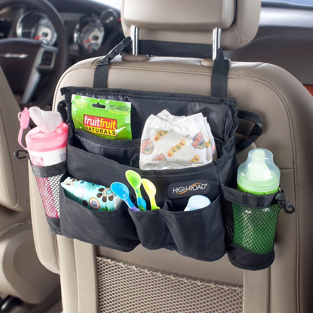 SwingAway Car Seat Organizer on back of seat with diapers